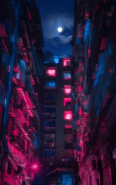 Ruelle urbaine éclairée de néons roses sous la pleine lune