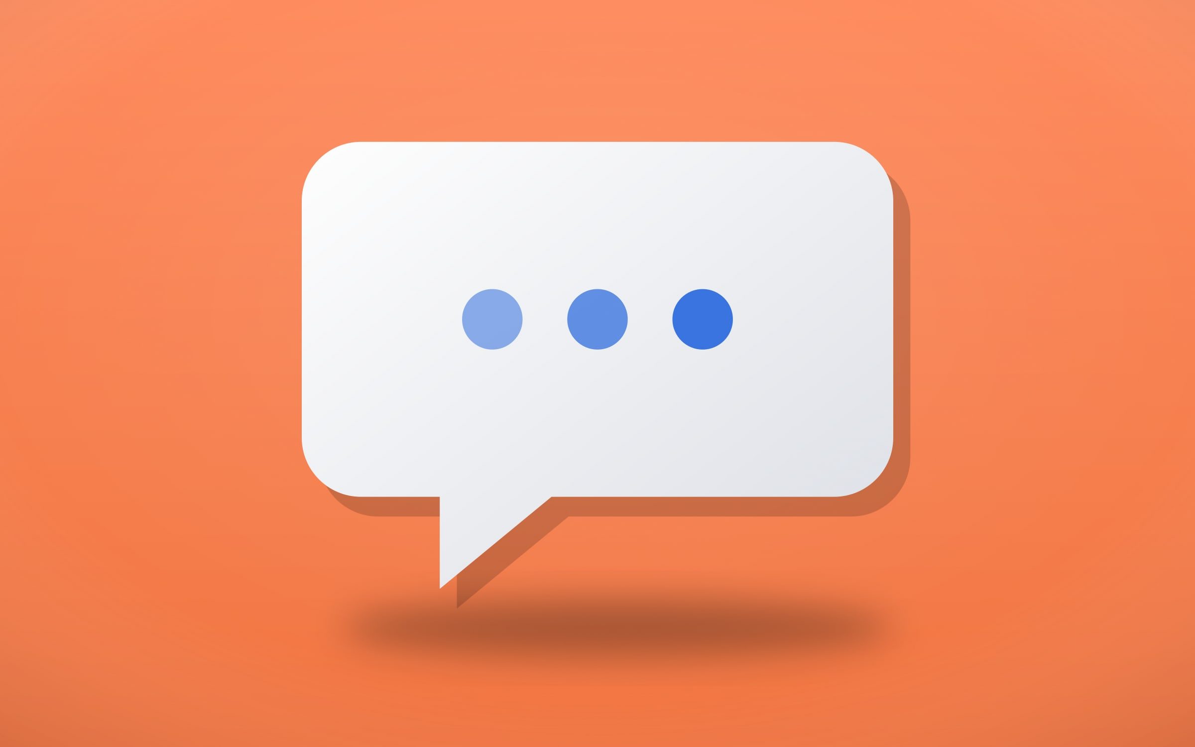 Bulle de dialogue blanche avec trois points bleus sur fond orange, rendu 3D