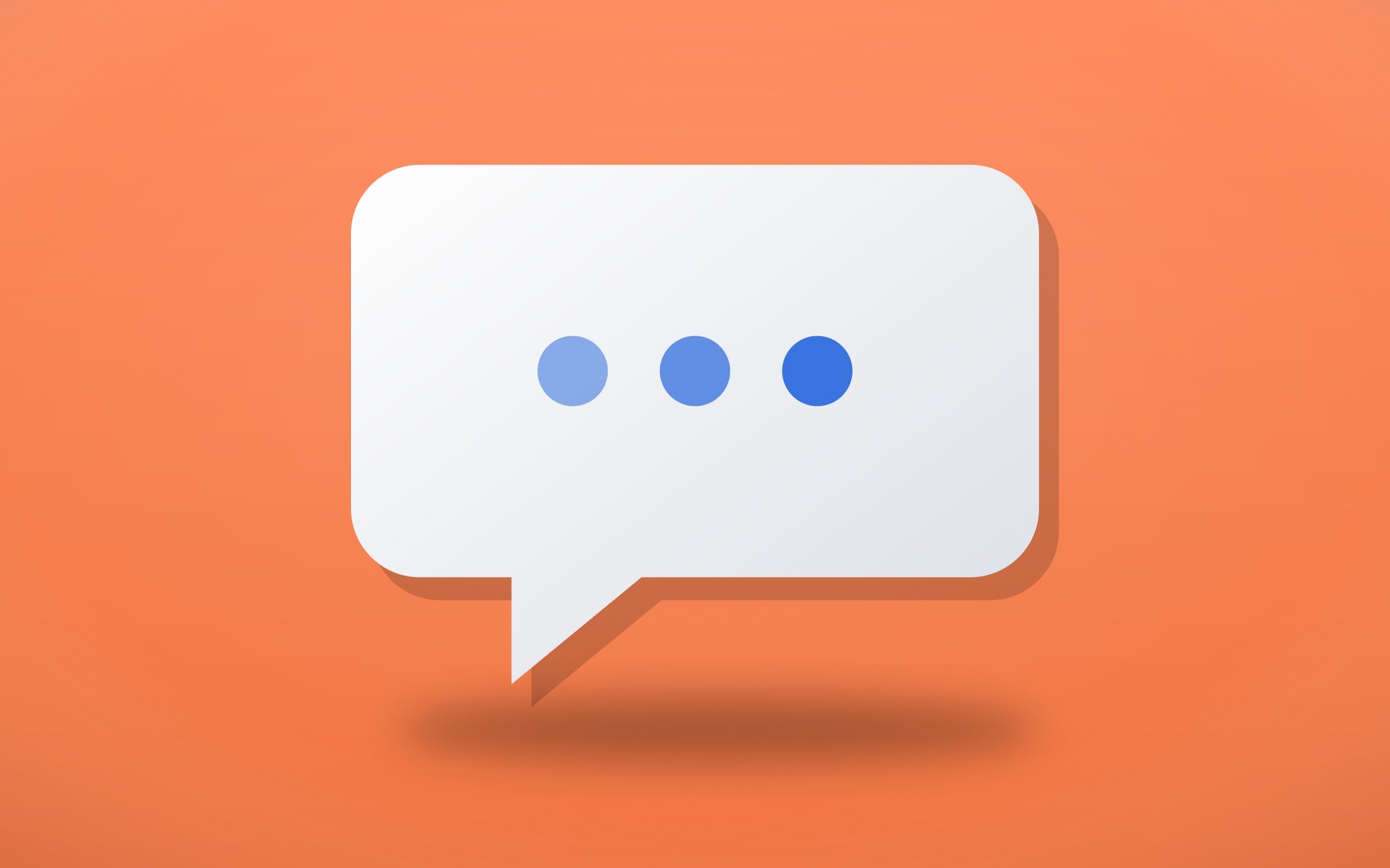 Bulle de dialogue blanche avec trois points bleus sur fond orange, rendu 3D