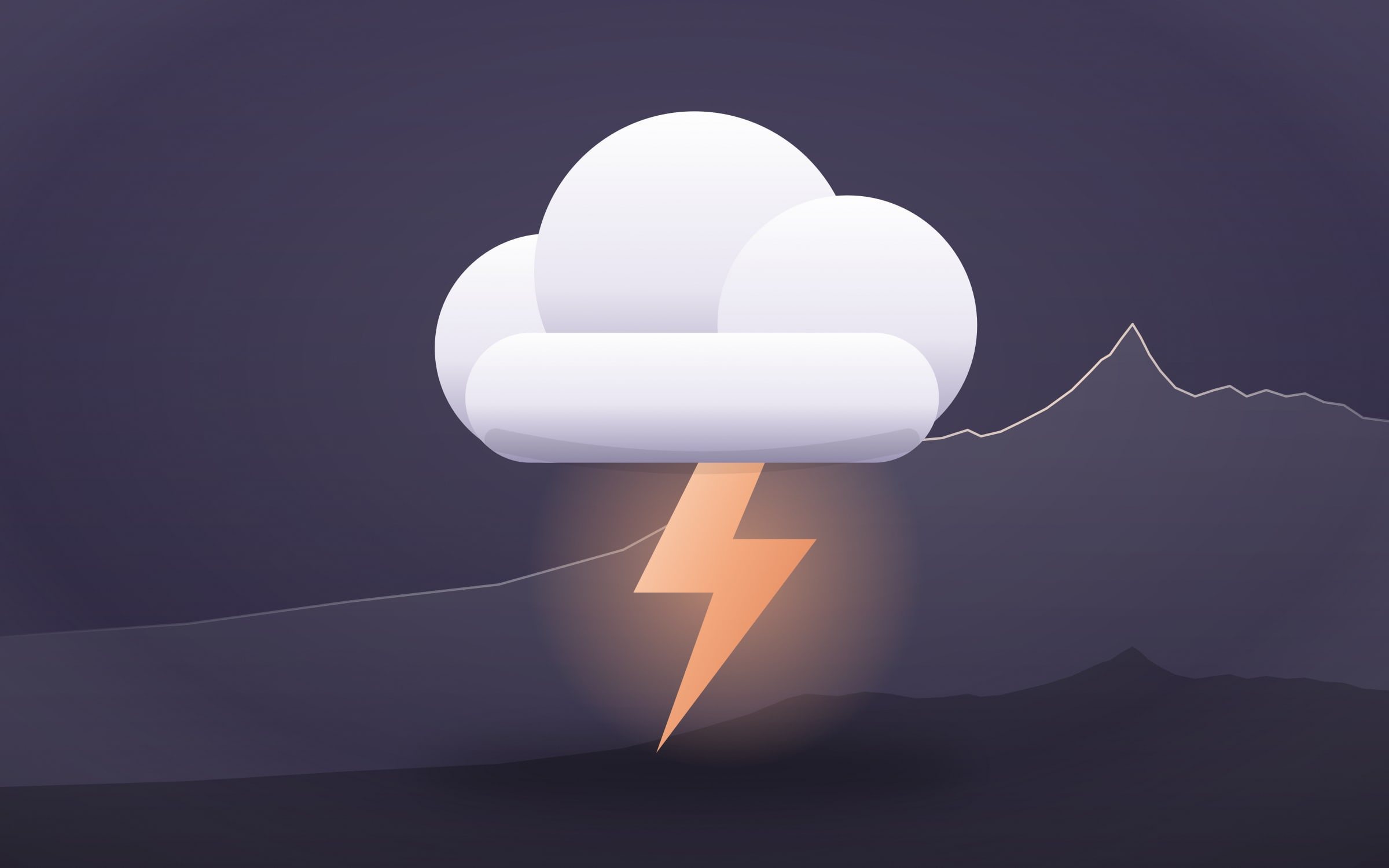 Nuage d'orage traversé d'un éclair pêche, devant la ligne de crête des Drus, rendu 3D