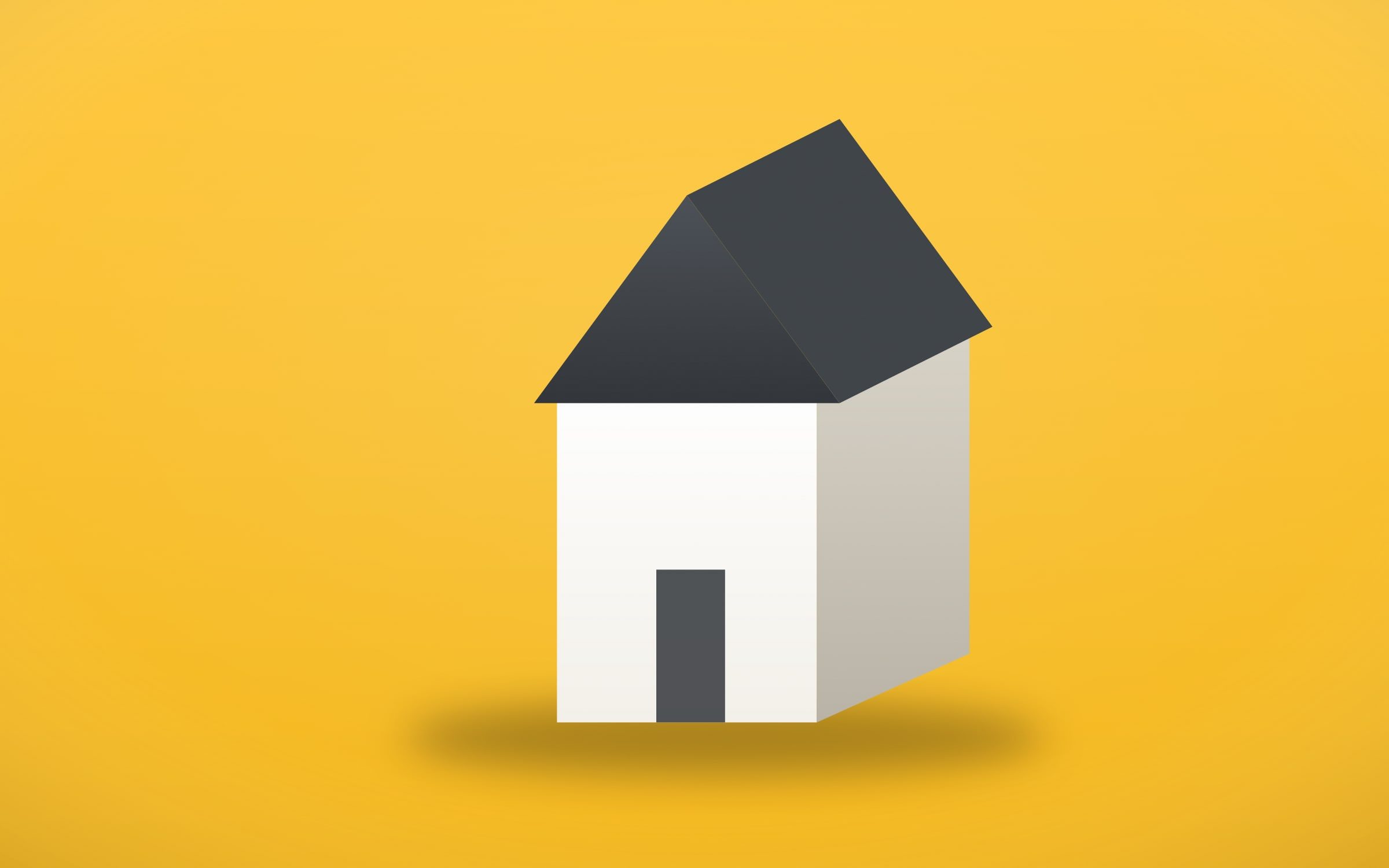 Petite maison blanche au toit gris sur fond jaune, rendu 3D