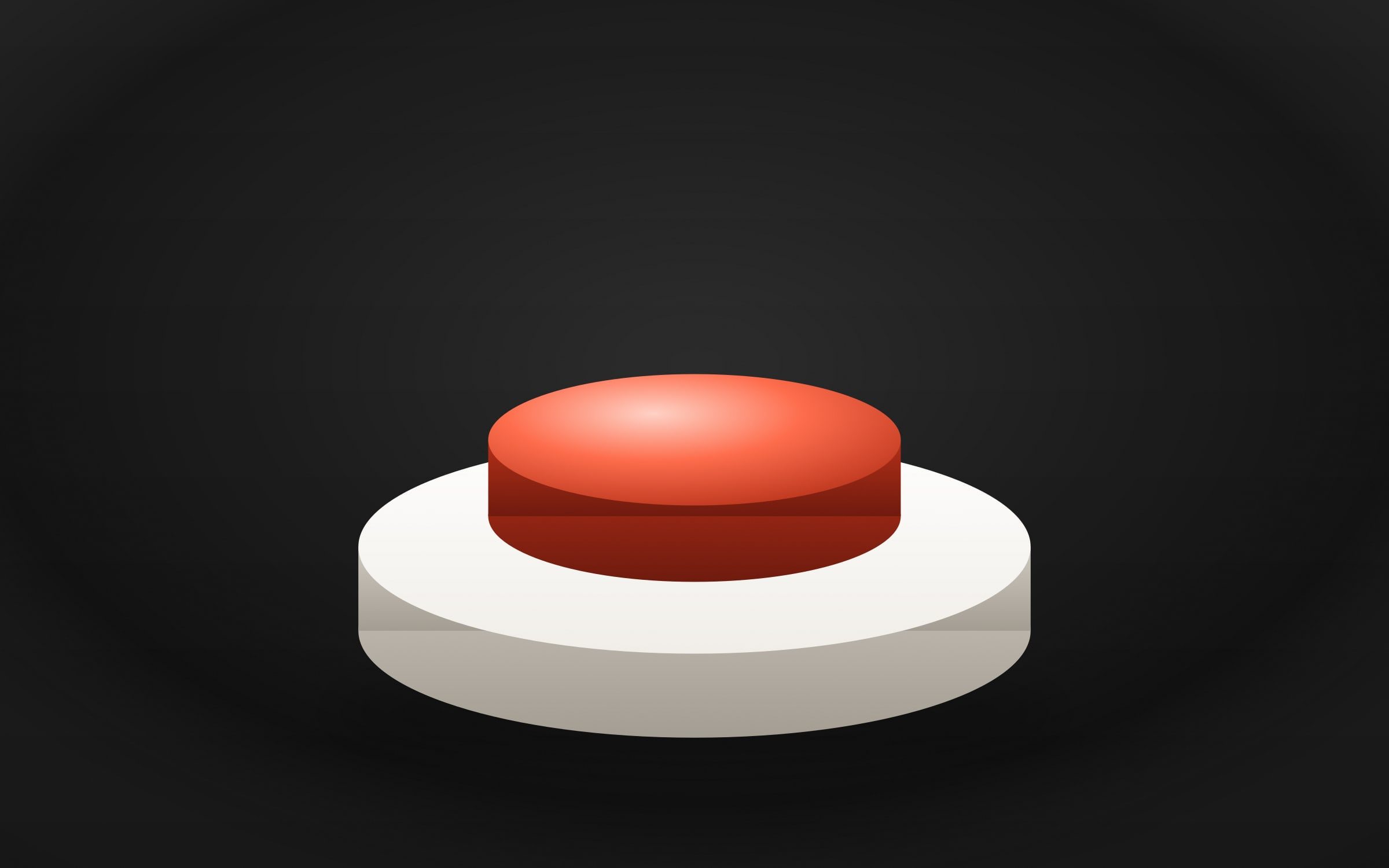 Gros bouton poussoir rouge sur socle blanc, fond noir, rendu 3D