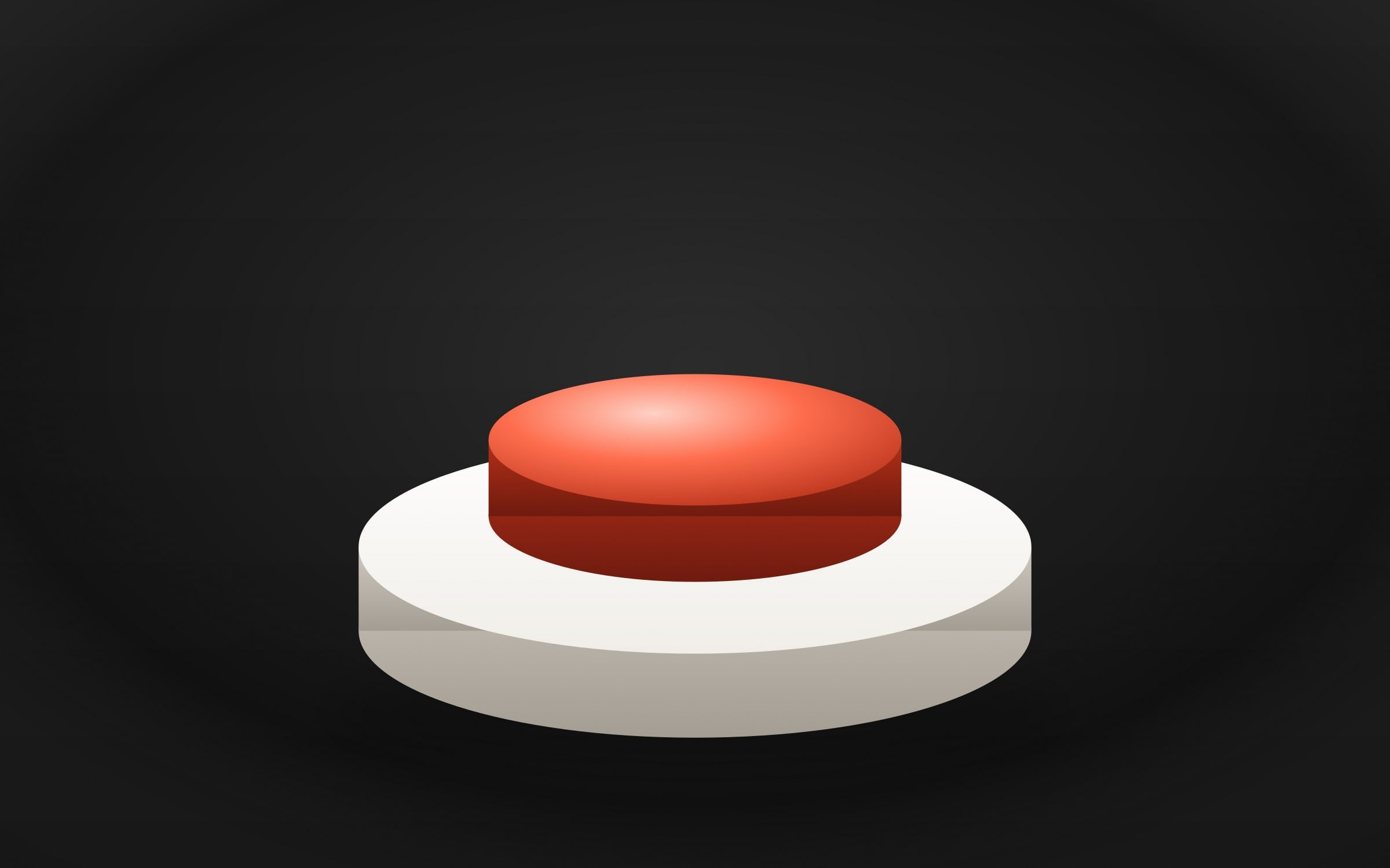 Gros bouton poussoir rouge sur socle blanc, fond noir, rendu 3D