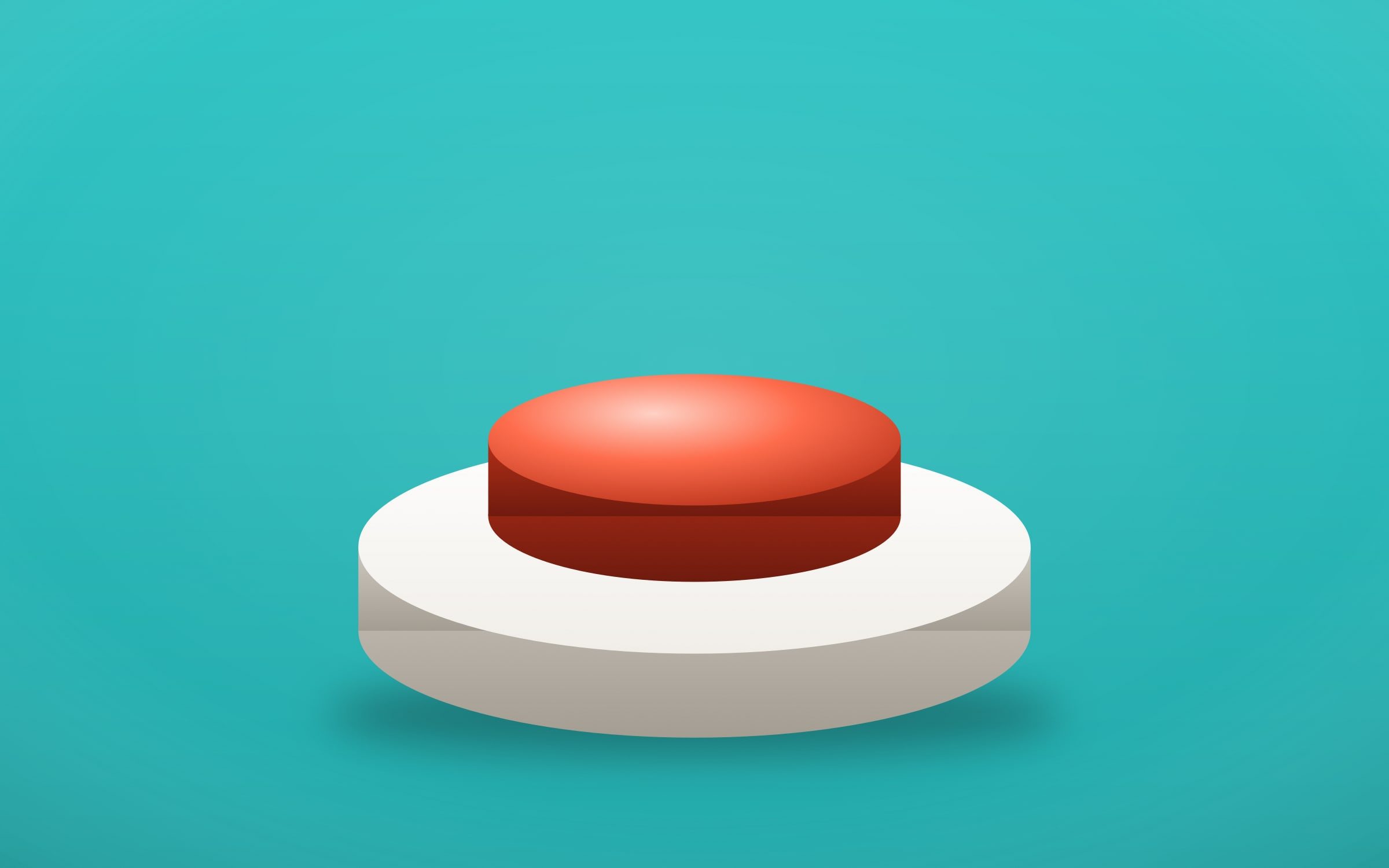 Gros bouton poussoir rouge sur socle blanc, fond turquoise, rendu 3D