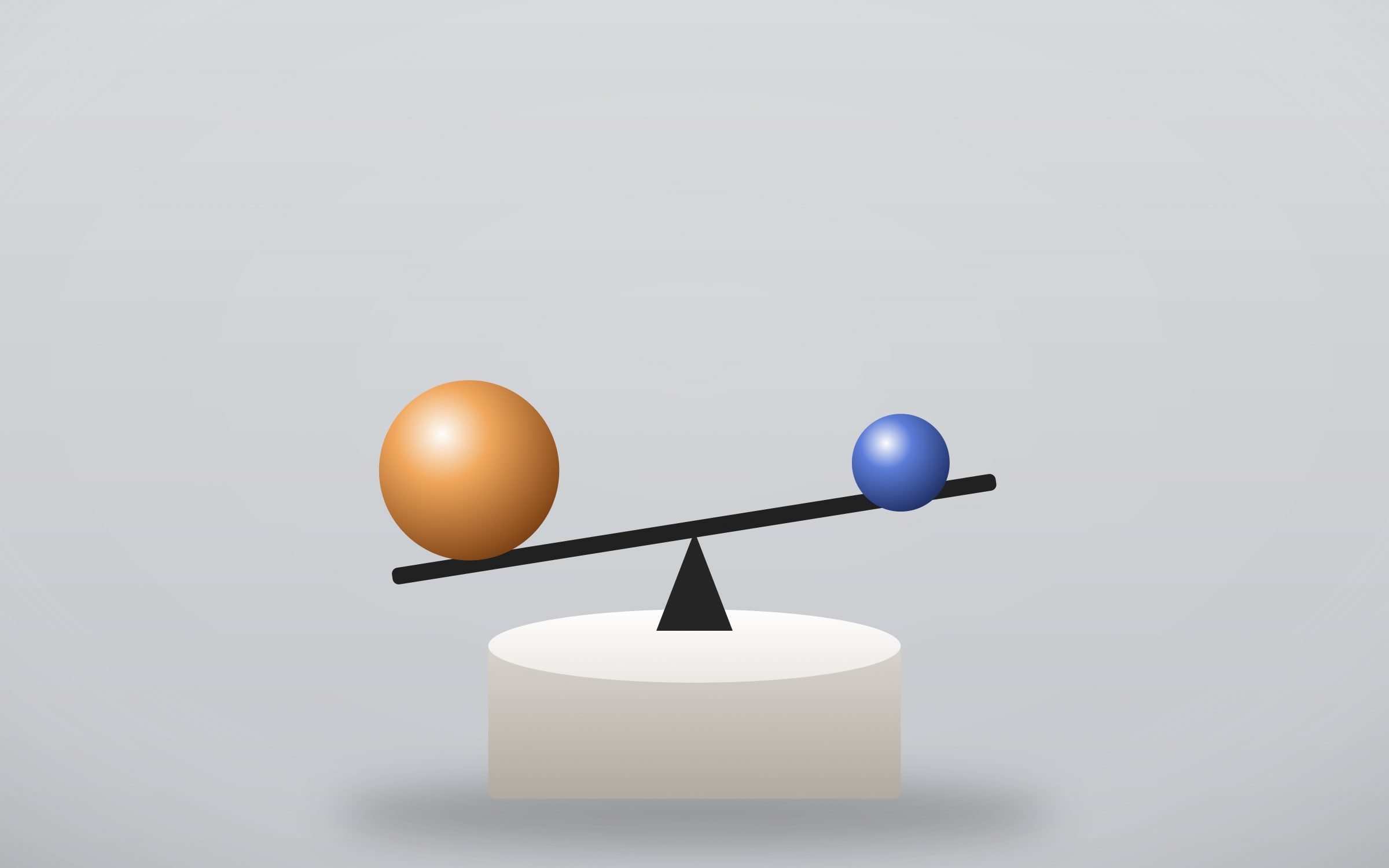 Balance déséquilibrée portant une grosse et une petite sphère sur fond gris, rendu 3D