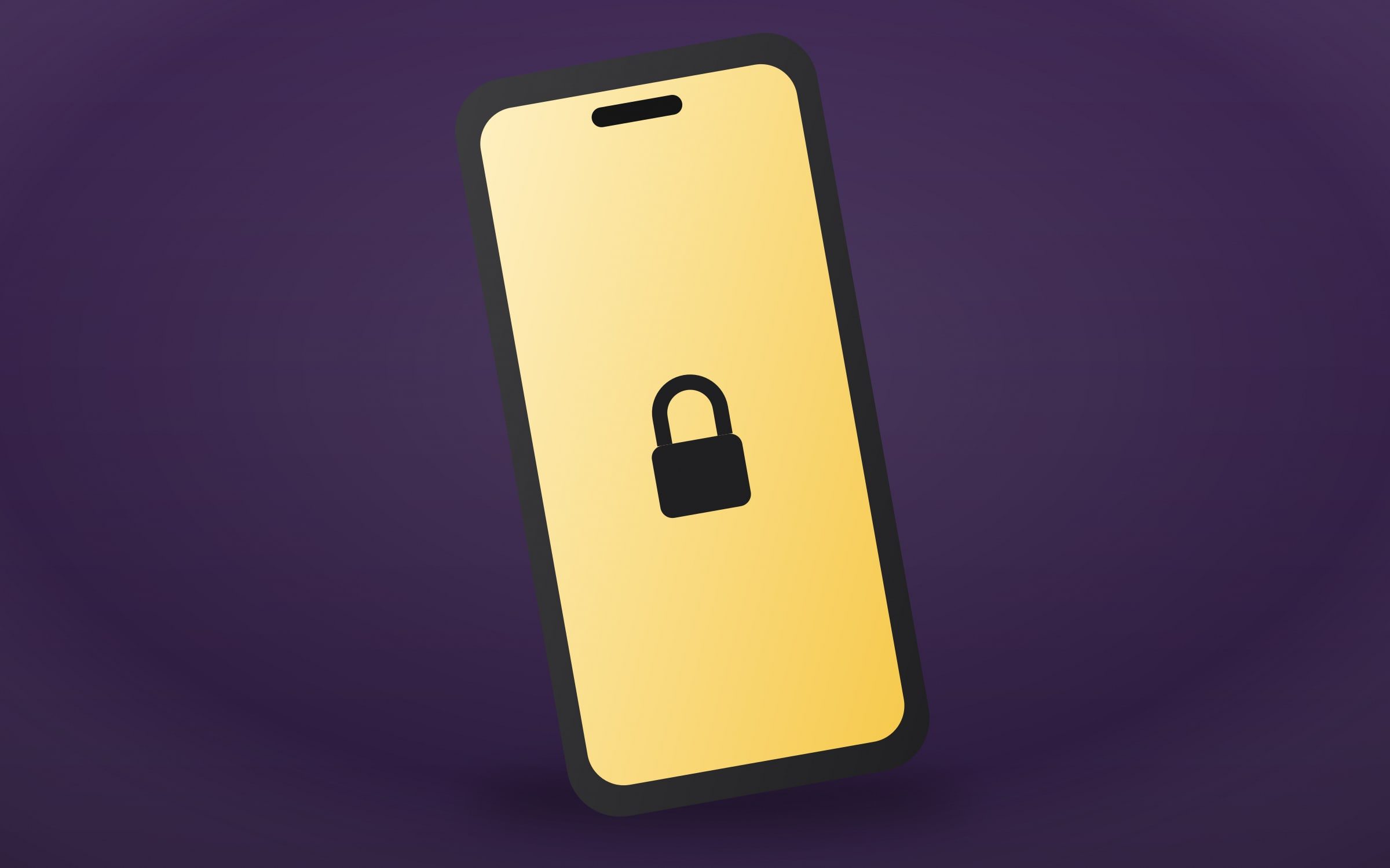 Smartphone à l'écran jaune affichant un cadenas, sur fond aubergine, rendu 3D