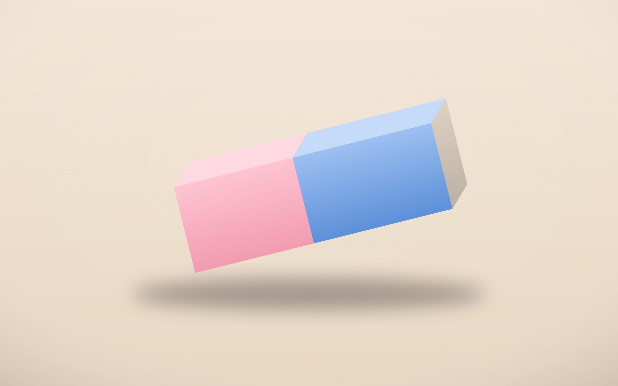 Gomme rose et bleue posée en biais sur fond crème, rendu 3D