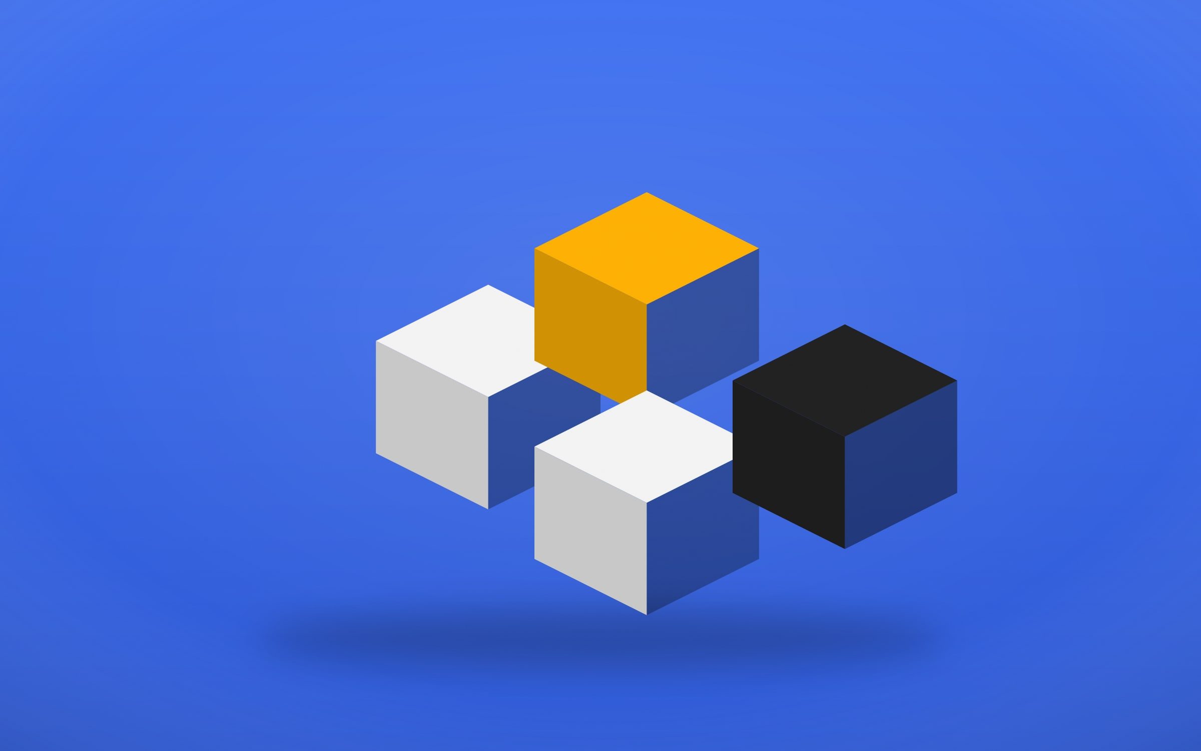 Cubes blancs, jaune et noir disposés en modules séparés sur fond bleu, rendu 3D