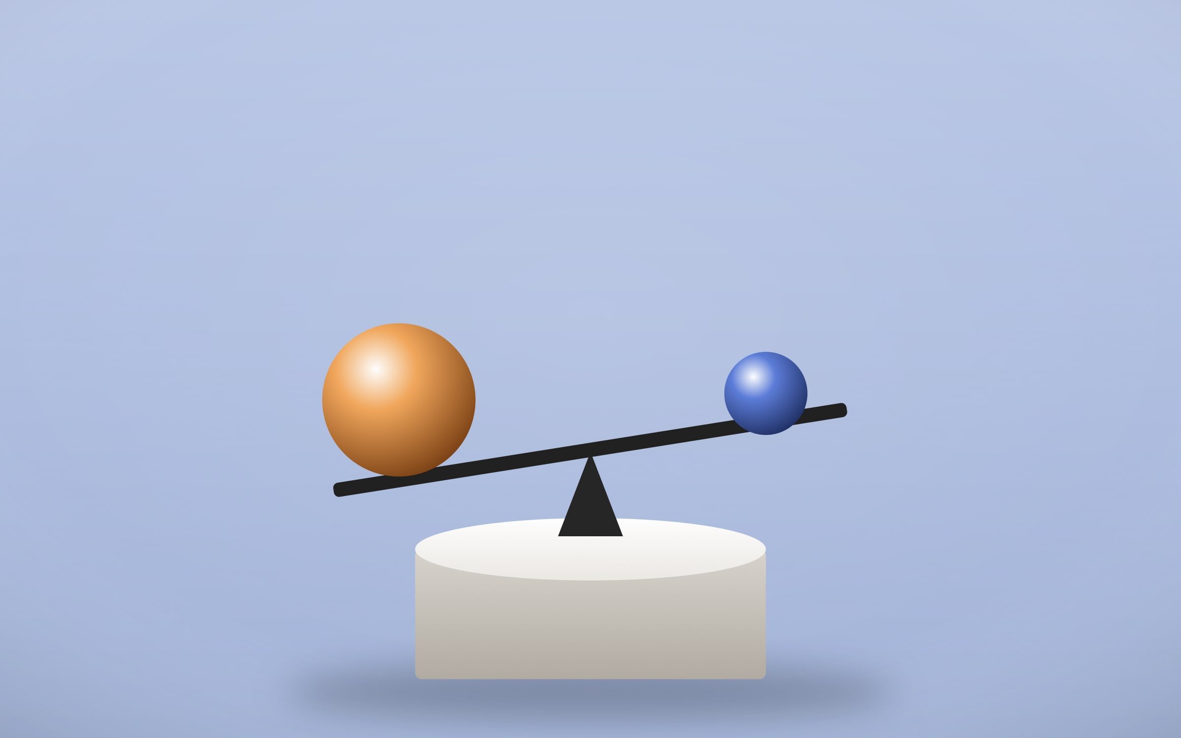 Balance déséquilibrée portant une grosse et une petite sphère sur fond bleu pâle, rendu 3D