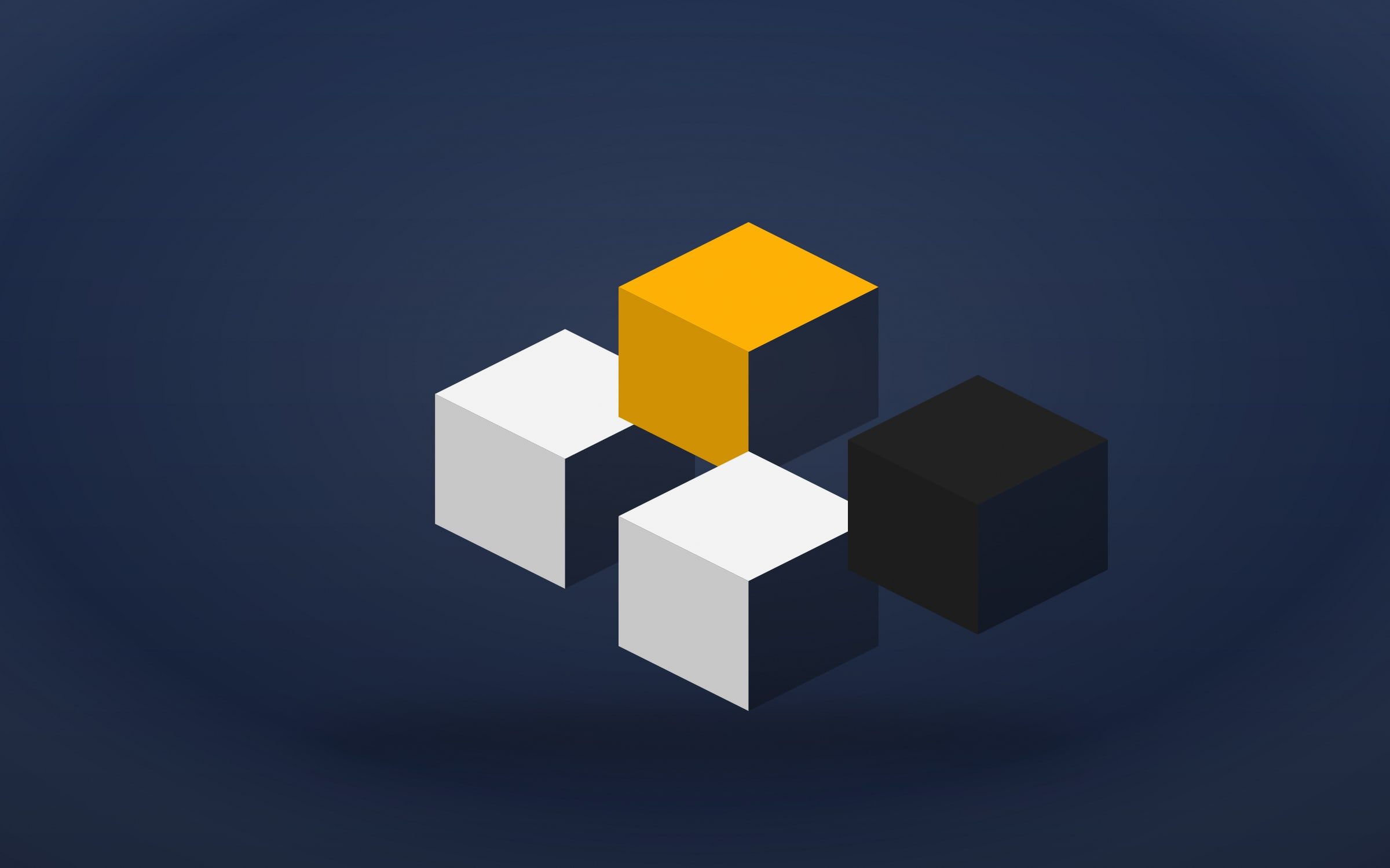 Cubes blancs, jaune et noir disposés en modules séparés sur fond bleu nuit, rendu 3D