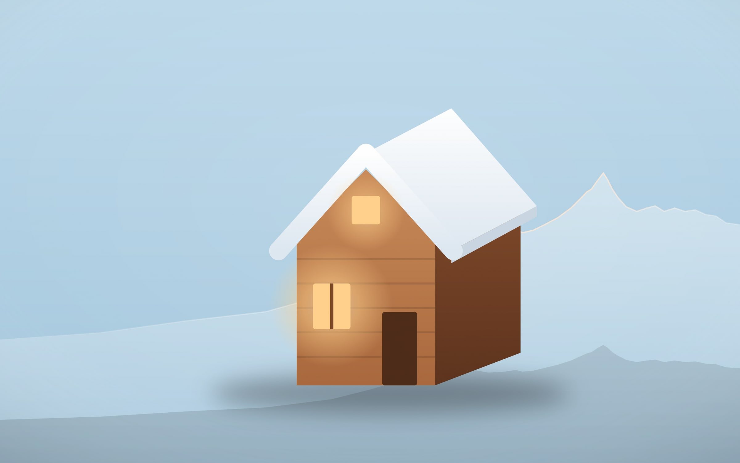 Chalet en bois sous la neige aux fenêtres allumées, devant la ligne de crête des Drus, rendu 3D