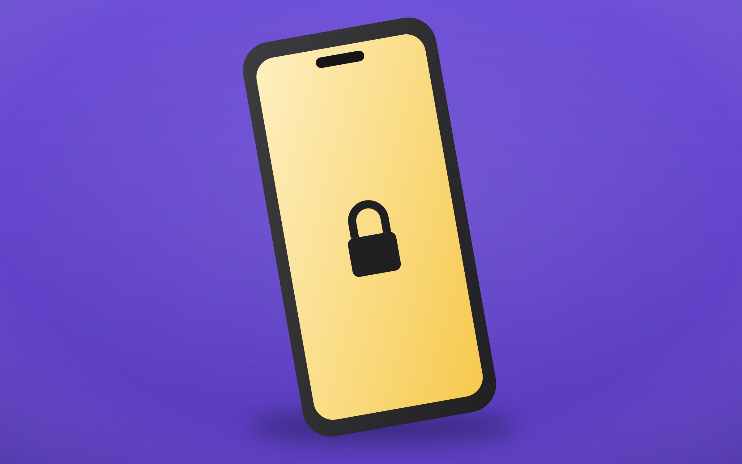 Smartphone à l'écran jaune affichant un cadenas, sur fond violet, rendu 3D