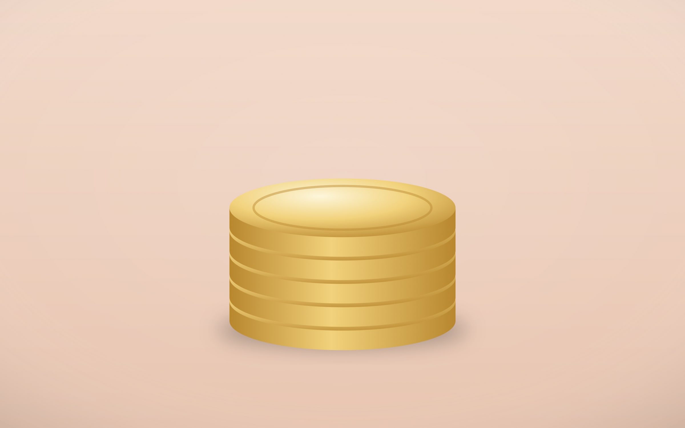 Pile de pièces dorées sur fond pêche, rendu 3D