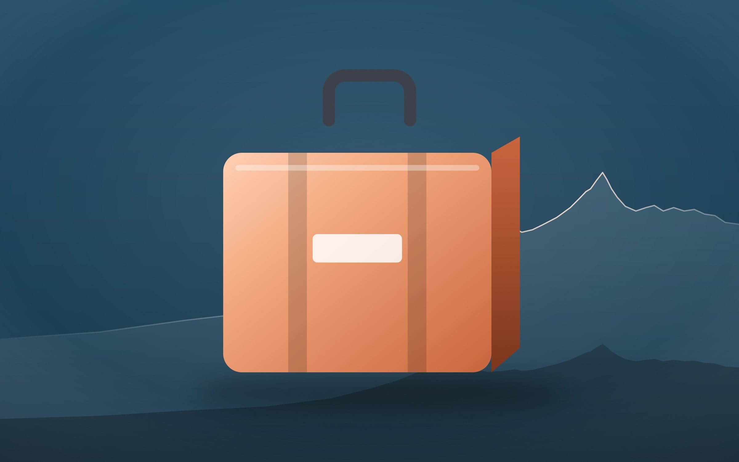 Valise de voyage orange à sangles, devant la ligne de crête des Drus, rendu 3D