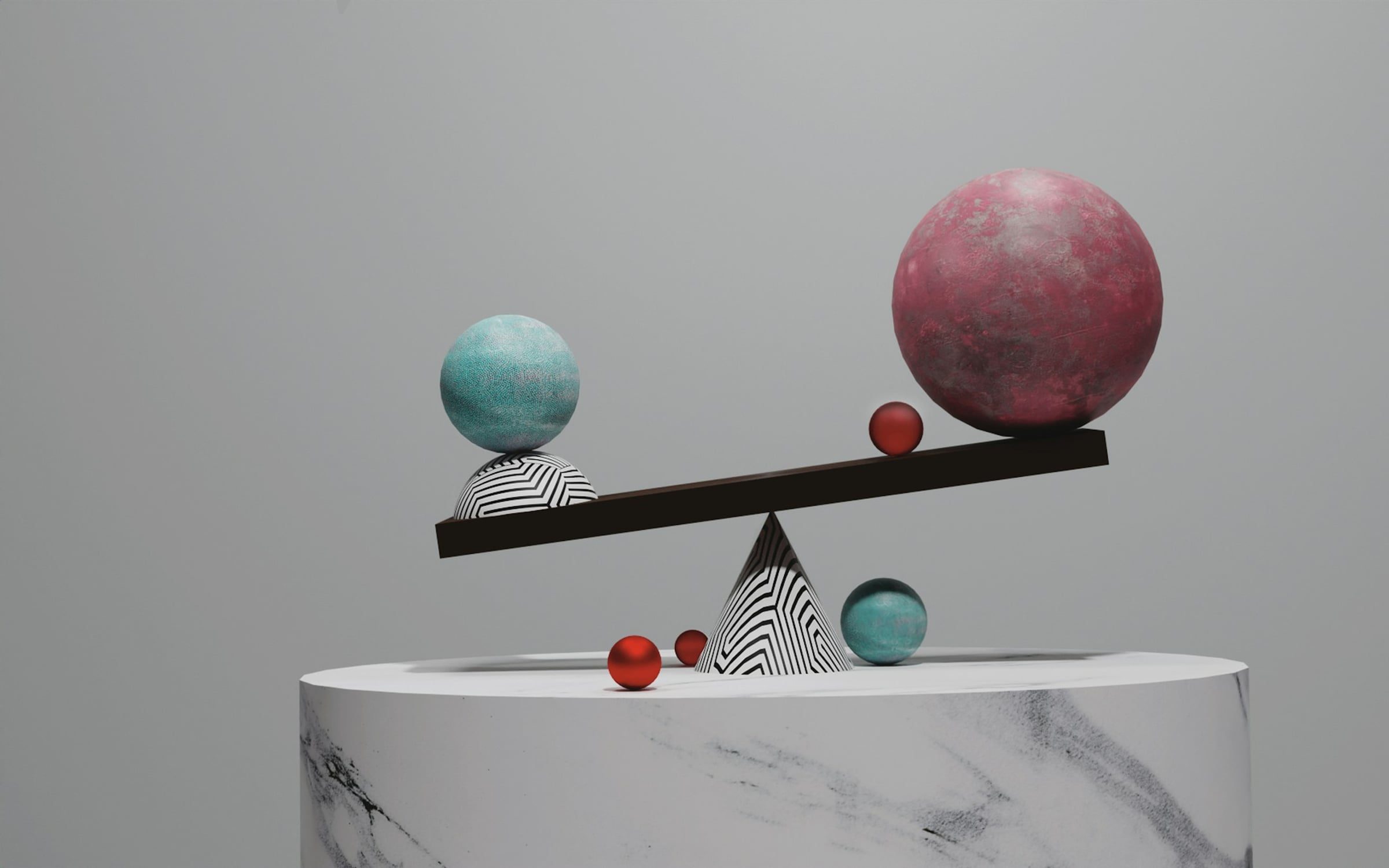 Balance en équilibre et sphères colorées, rendu 3D