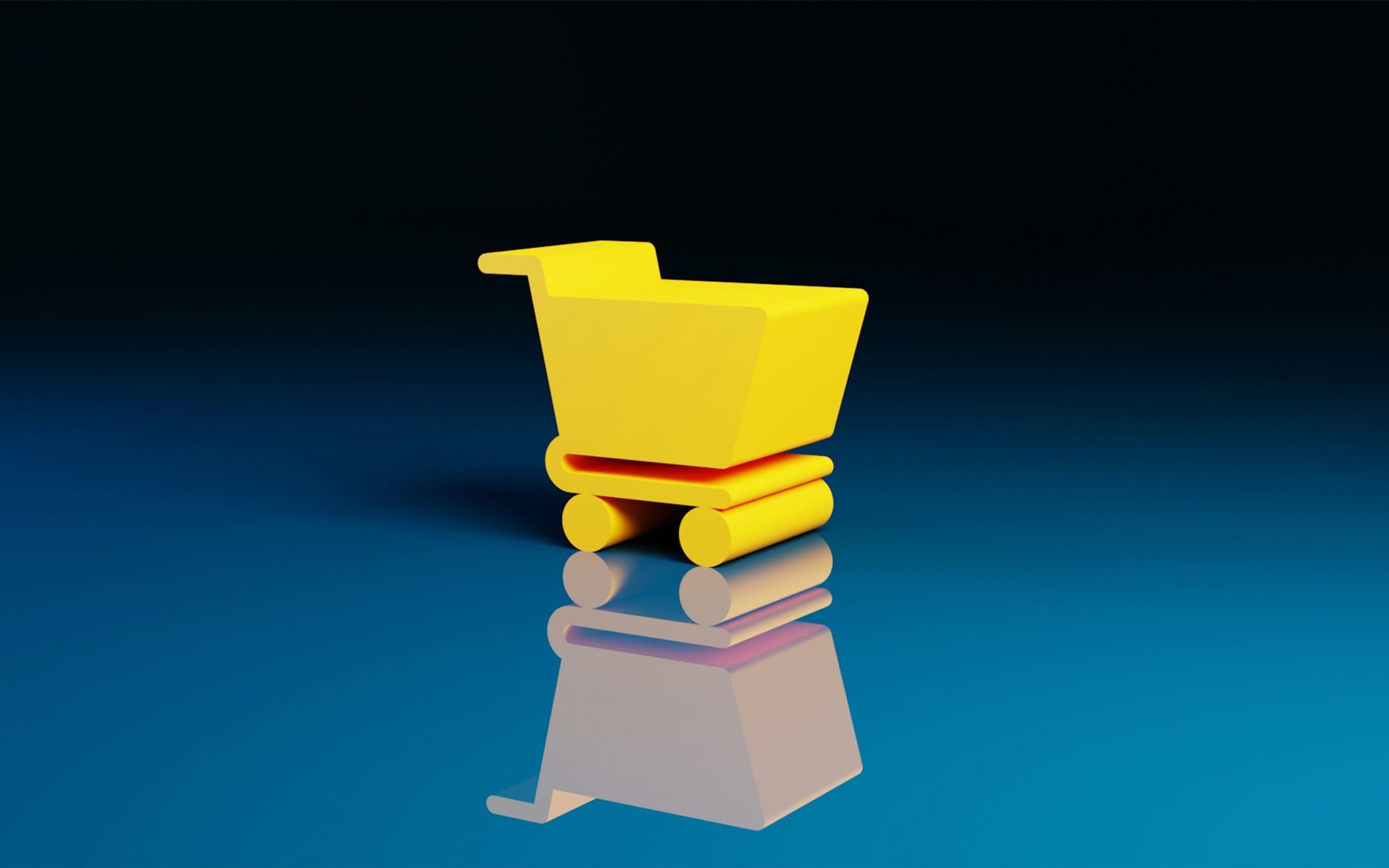 Chariot de courses jaune sur fond bleu, rendu 3D
