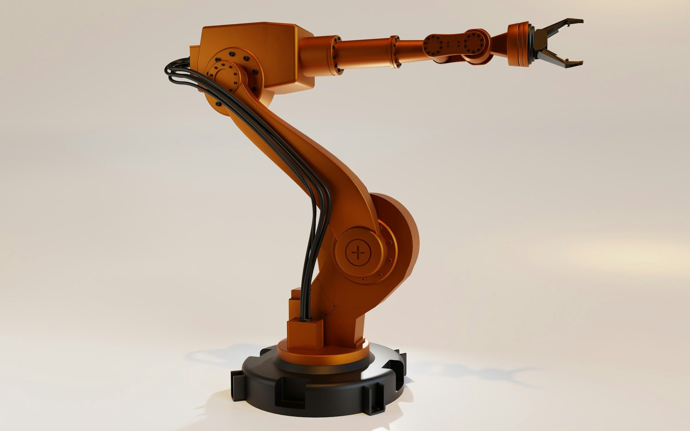 Bras robotisé industriel orange, rendu 3D